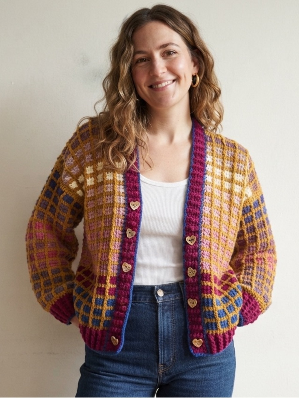 Handknit Sz S Colorful Relaxed Knit Heart Button Cardigan